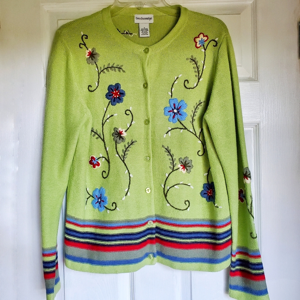 Breckenridge Vintage Embroidered Cardigan Sweater Small Green